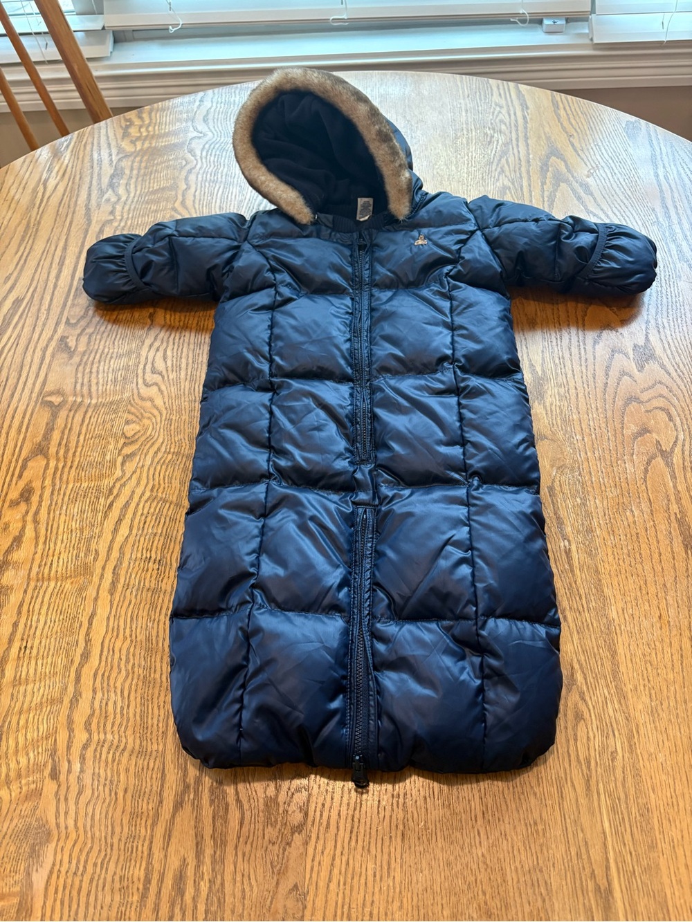 Baby Gap navy blue fur trim quilted down bunting unisex baby 3-6 mo snowsuit